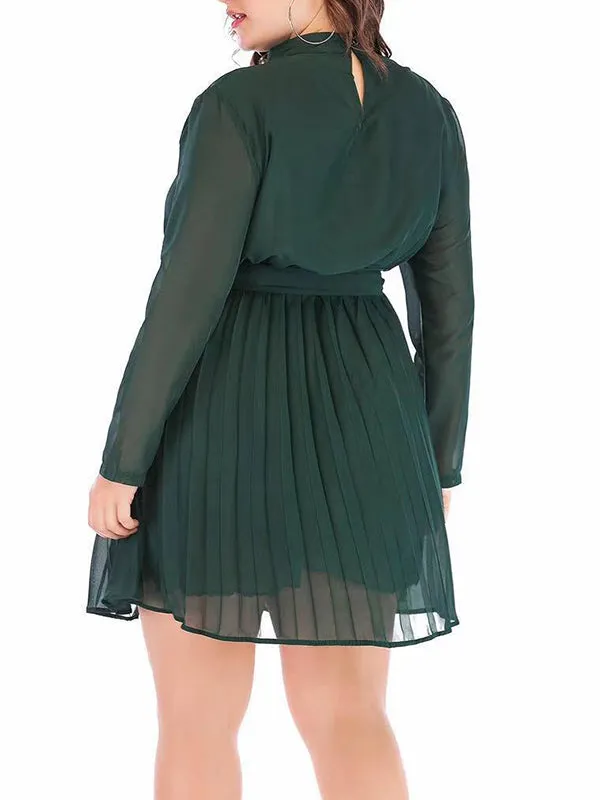 Long-sleeve Stand-up Collar Solid Pleated Chiffon Dress Plus Size