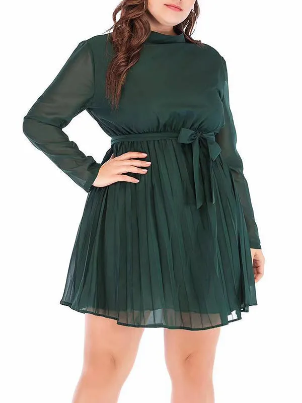 Long-sleeve Stand-up Collar Solid Pleated Chiffon Dress Plus Size