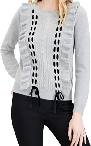 maison Jules Womens Ruffle Lace Pullover Sweater, Gray, X-Small