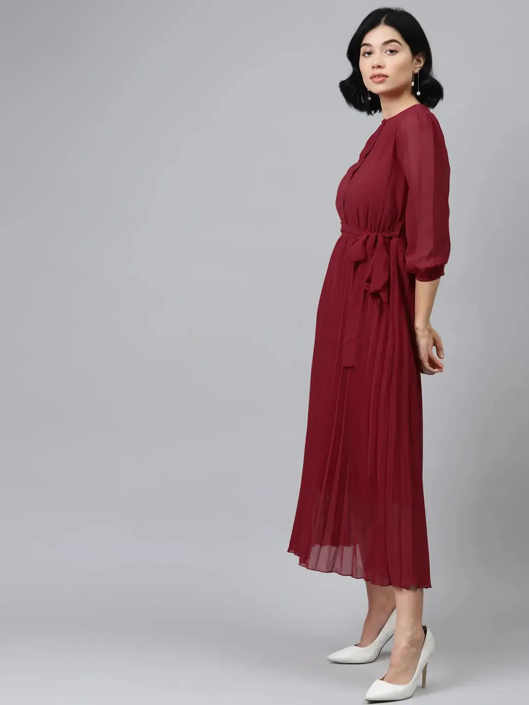 Maroon Pleated Midi Dress