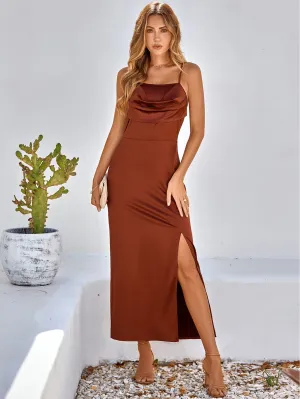 Material Girl Ruched Cowl Neck Maxi Dress - Caramel
