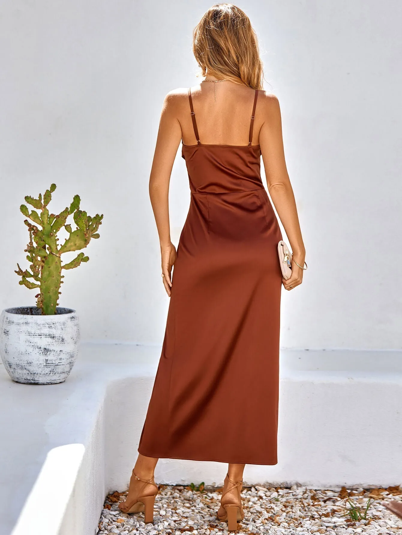 Material Girl Ruched Cowl Neck Maxi Dress - Caramel