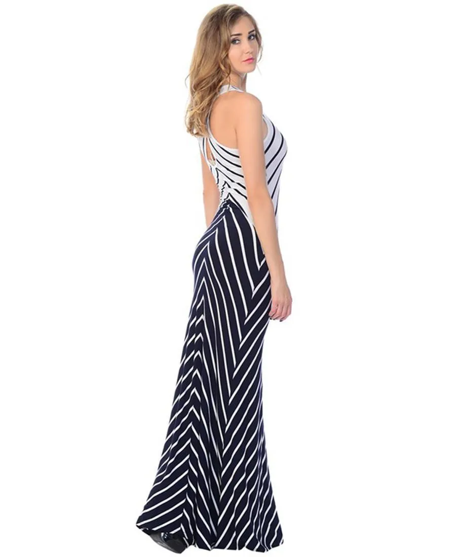 Maxi Dress Sleeveless Cross Back Navy Blue White
