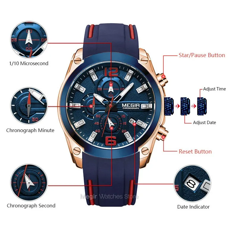 MEGIR Brand Mens Watches New Fashion Sport Quartz Watch Waterproof Men Clock Luxury Chronograph Calendar Military Wrist Watch