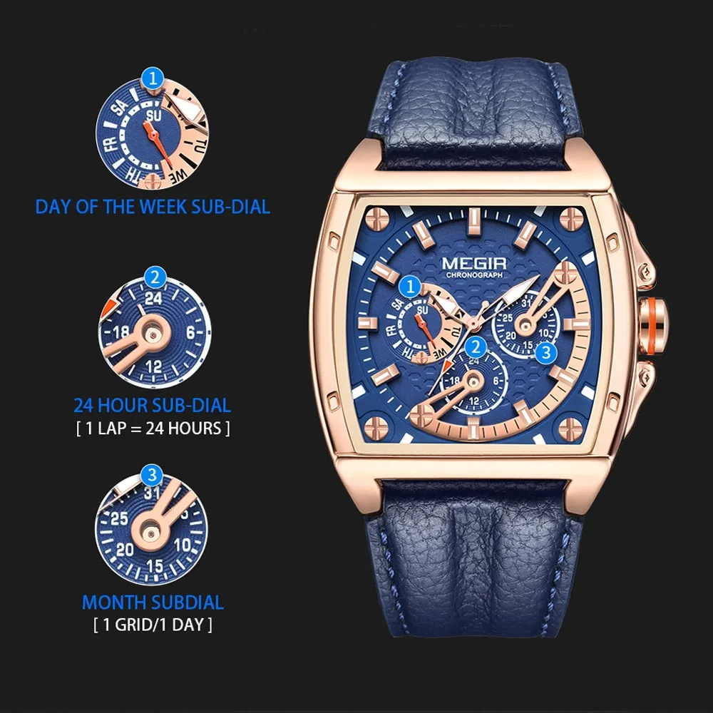 MEGIR Luxury Watch For Men Quartz Sport Waterproof Chronograph Man Watches Military Fashion Leather Strap Wristwatch Male Clock