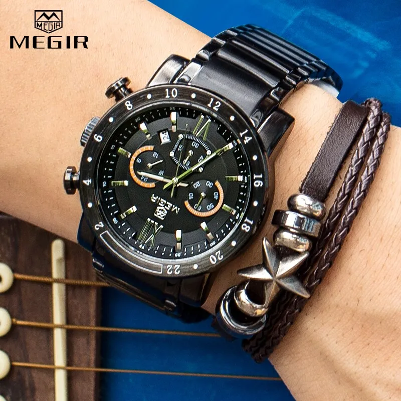 MEGIR Watch Men Fashion Sport Quartz Mens Watches Waterproof Full Steel Business Chronograph Date Male Relogio Masculino