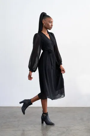 Meisie Bell Midi Wrap Dress - Black Dotted Swiss