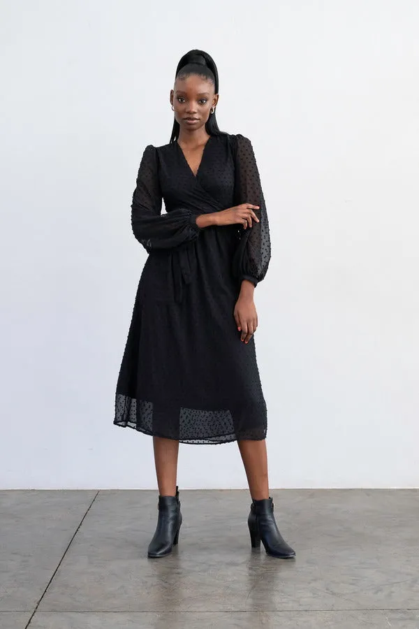 Meisie Bell Midi Wrap Dress - Black Dotted Swiss