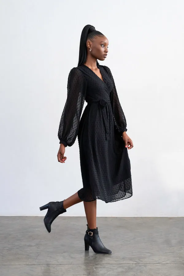 Meisie Bell Midi Wrap Dress - Black Dotted Swiss