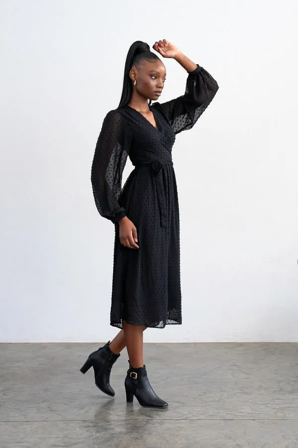 Meisie Bell Midi Wrap Dress - Black Dotted Swiss