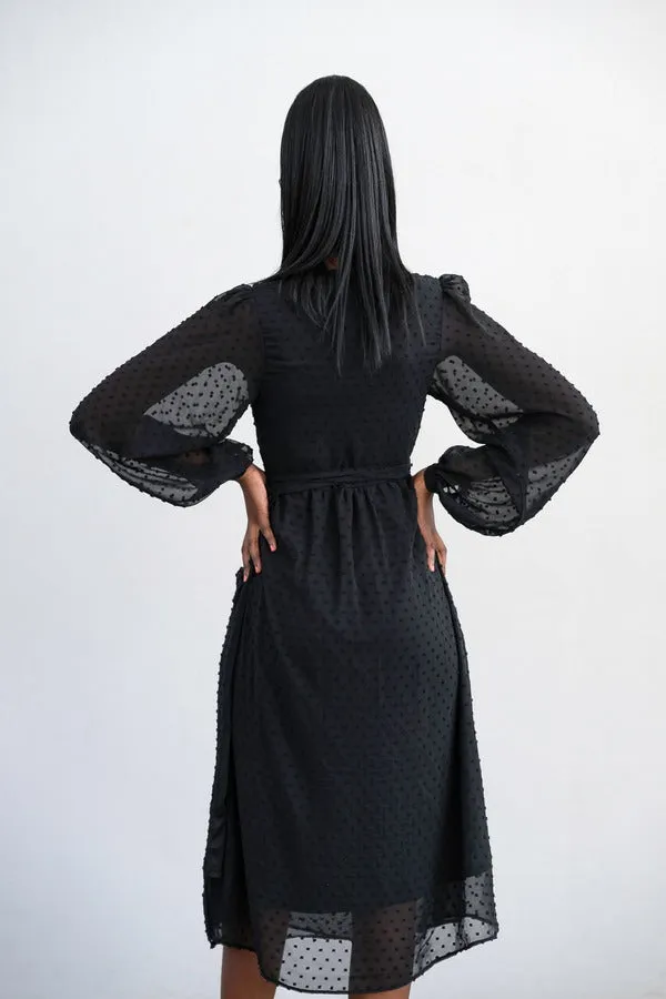 Meisie Bell Midi Wrap Dress - Black Dotted Swiss