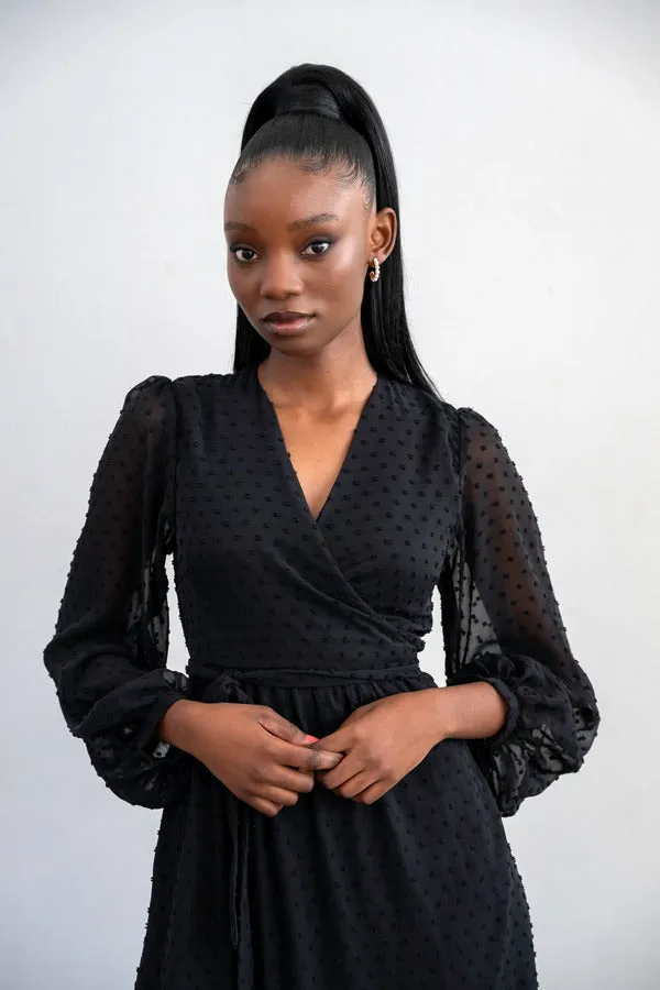 Meisie Bell Midi Wrap Dress - Black Dotted Swiss