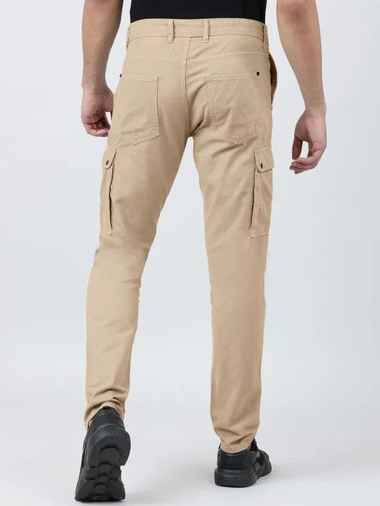 MEN Beige Slim-fit Solid Cargo Trousers