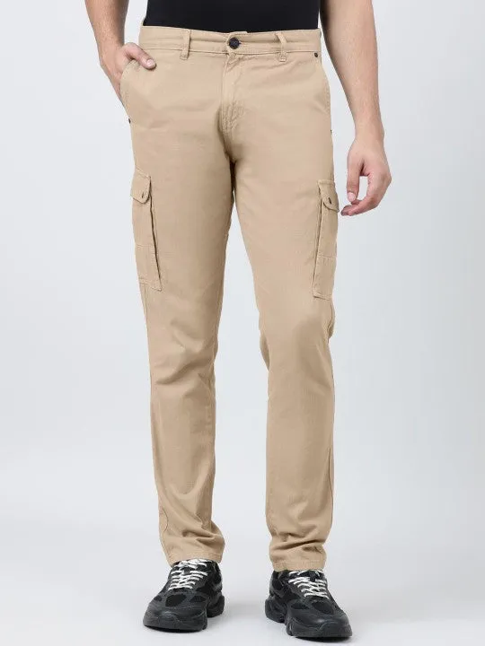 MEN Beige Slim-fit Solid Cargo Trousers
