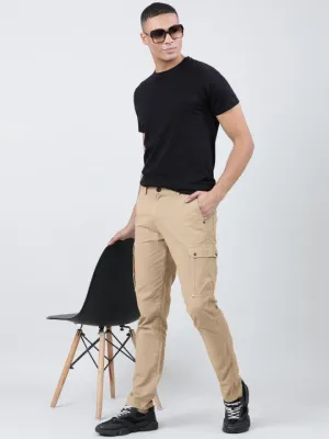 MEN Beige Slim-fit Solid Cargo Trousers