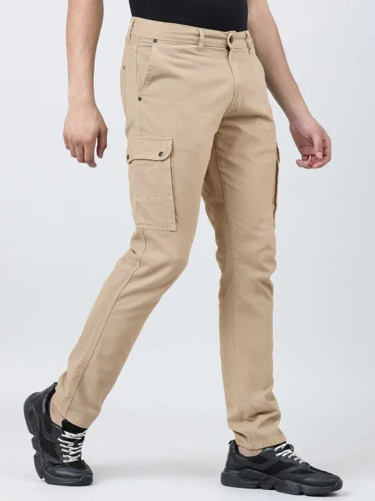 MEN Beige Slim-fit Solid Cargo Trousers