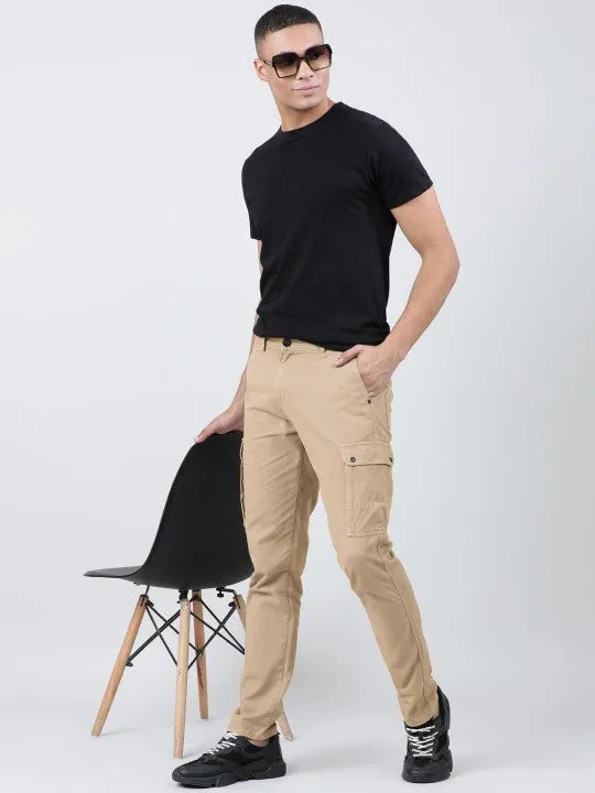 MEN Beige Slim-fit Solid Cargo Trousers