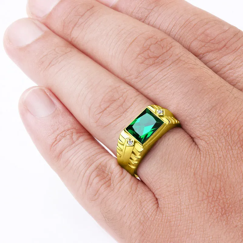 Men's Emerald Ring with Natural Diamonds in 14k Yellow Gold, Men's Statement Ring