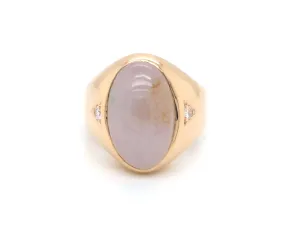 Men's Oval White Jade and Diamond Ring - 14k Yellow Gold