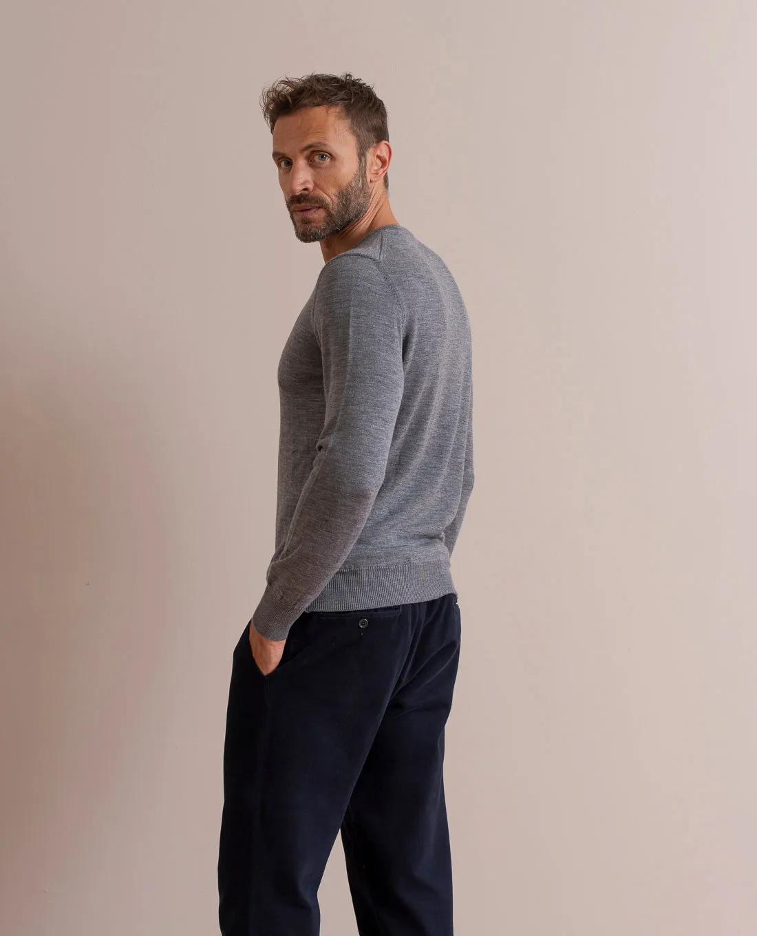 Merino Wool V-Neck Sweater - Grey