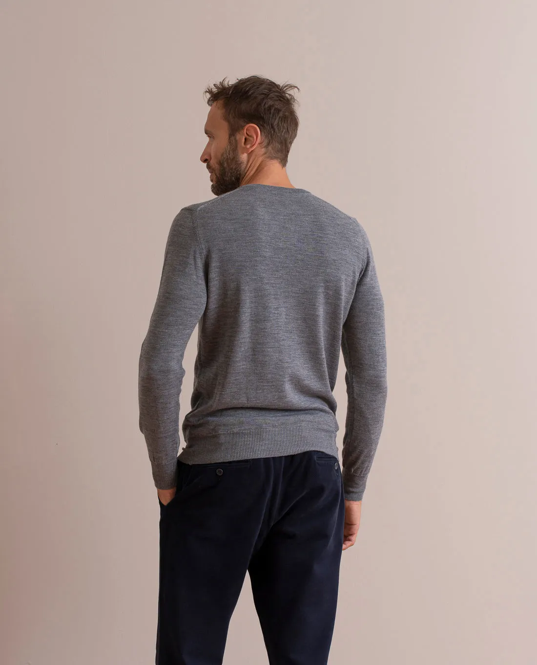 Merino Wool V-Neck Sweater - Grey