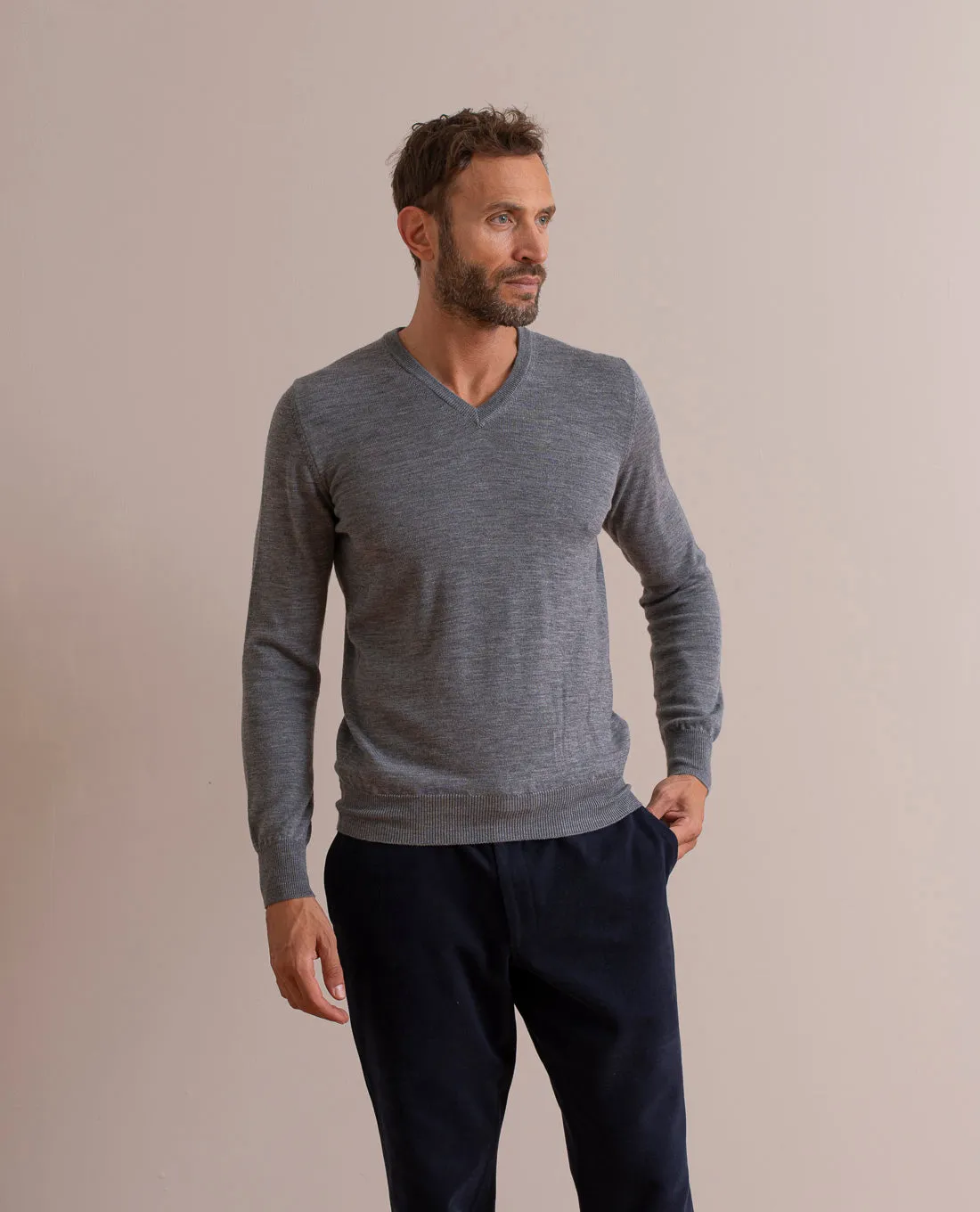 Merino Wool V-Neck Sweater - Grey