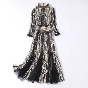Mesh round neck seven-point sleeve stitching dress female