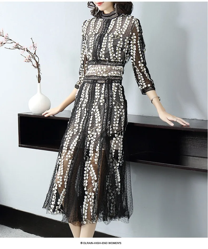 Mesh round neck seven-point sleeve stitching dress female