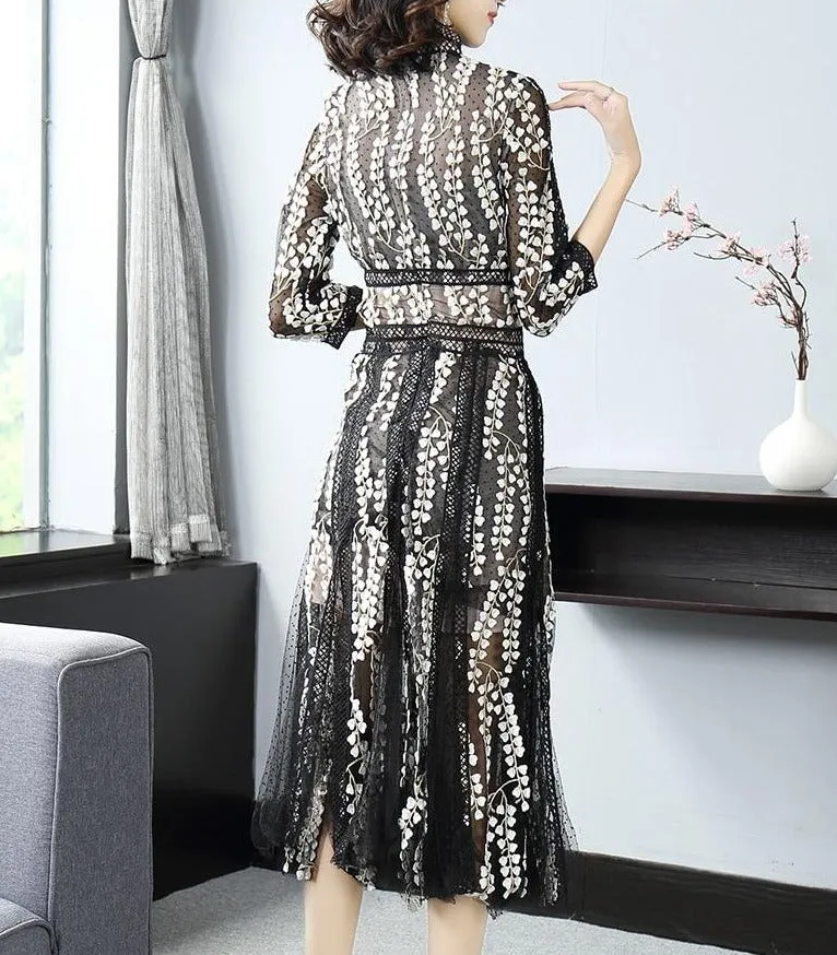 Mesh round neck seven-point sleeve stitching dress female