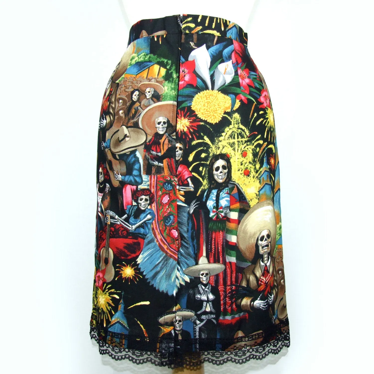 Mexican Fiesta De San Marcos Skull Pencil Skirt #S-PP706