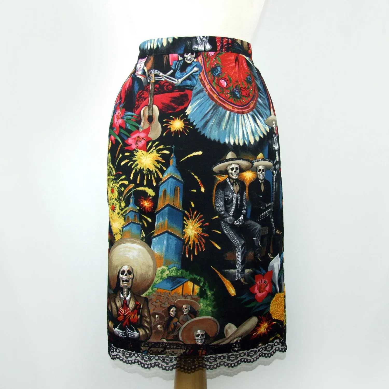 Mexican Fiesta De San Marcos Skull Pencil Skirt #S-PP706