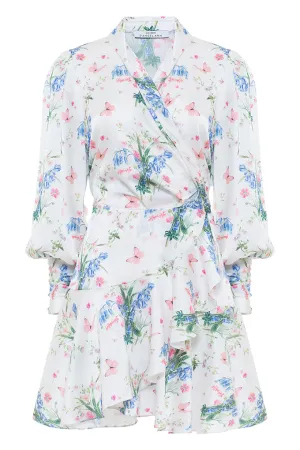 Mini dress with V-neck and ruffled skirt.
