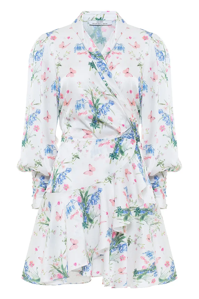 Mini dress with V-neck and ruffled skirt.