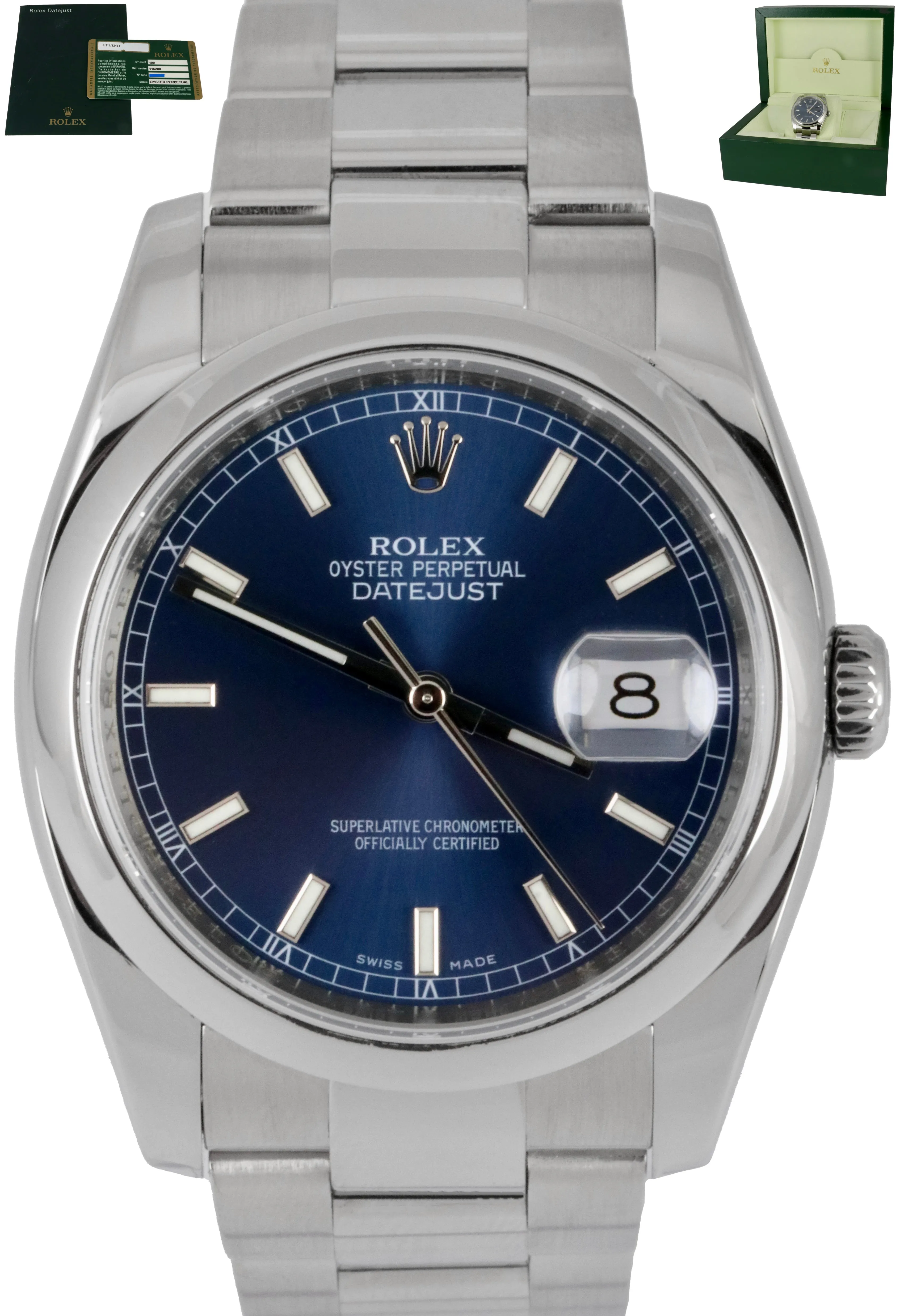 MINT 2009 Rolex DateJust Blue Stainless Steel 36mm Oyster Watch 116200 B P