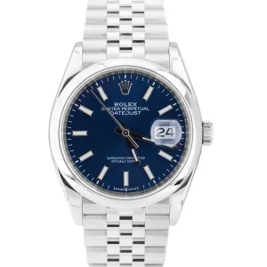 MINT Rolex DateJust 36mm Blue Stick Stainless Steel Smooth Jubilee Watch 126200