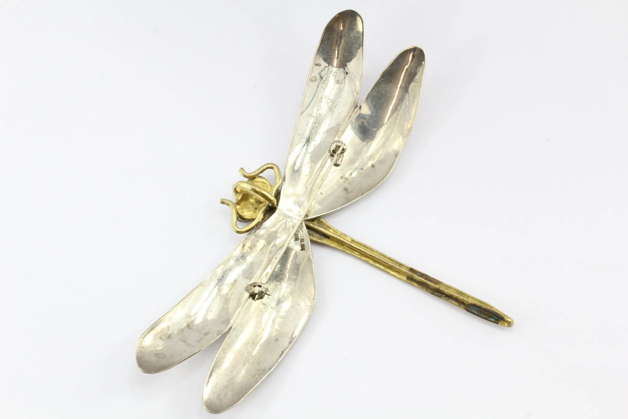Mixed Metal Sterling Silver & Brass Dragonfly Pendant / Brooch by Courtney