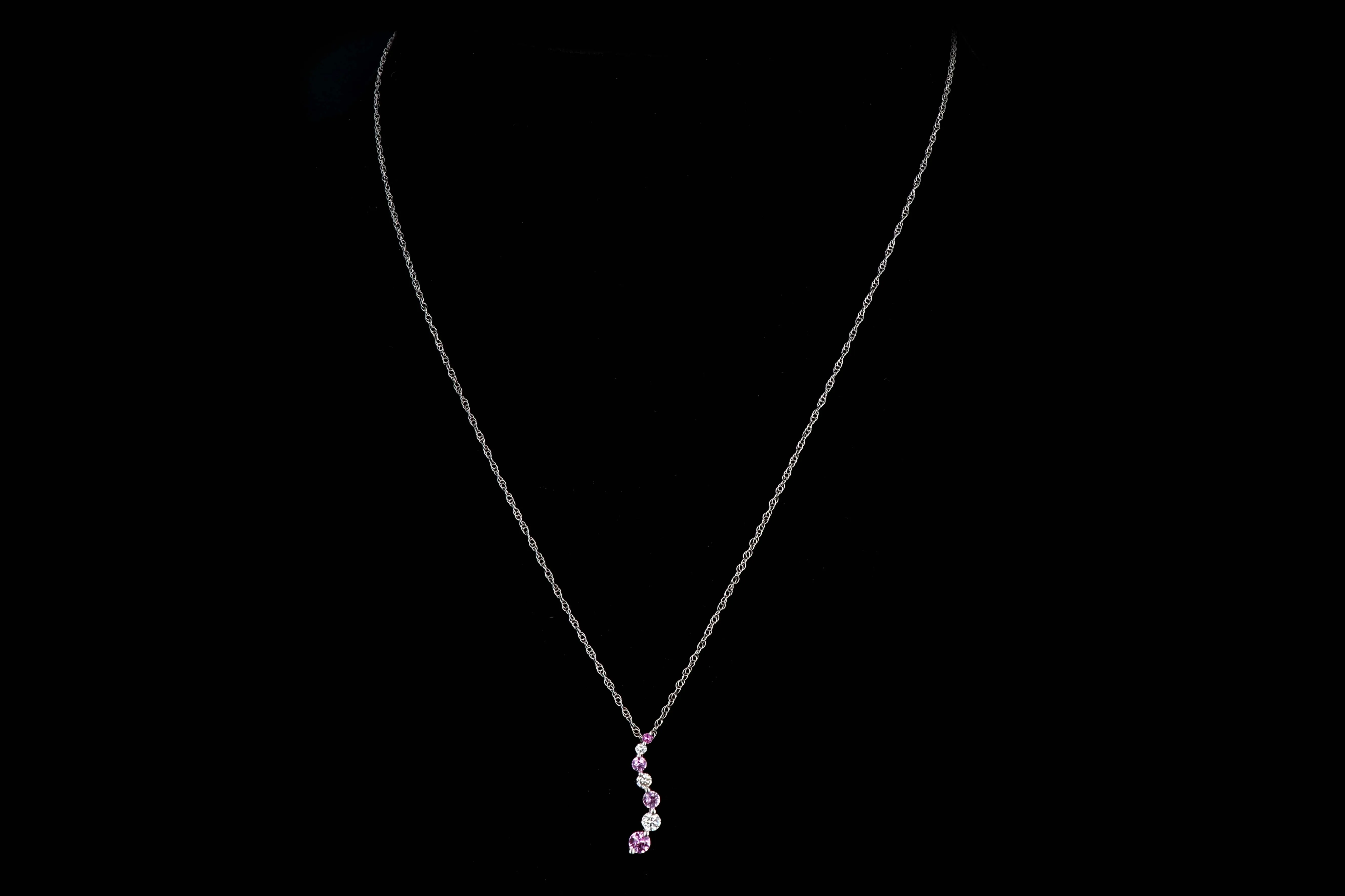 Modern 14K White Gold .20 CTW Diamond and .35 CTW Pink Sapphire Pendant Necklace