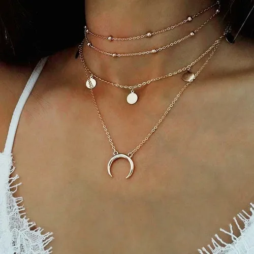 Moon Crescent Horn Layered Necklace - 4 Layers, Adjustable Zinc Alloy Chain