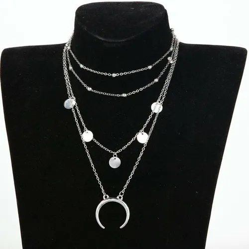 Moon Crescent Horn Layered Necklace - 4 Layers, Adjustable Zinc Alloy Chain