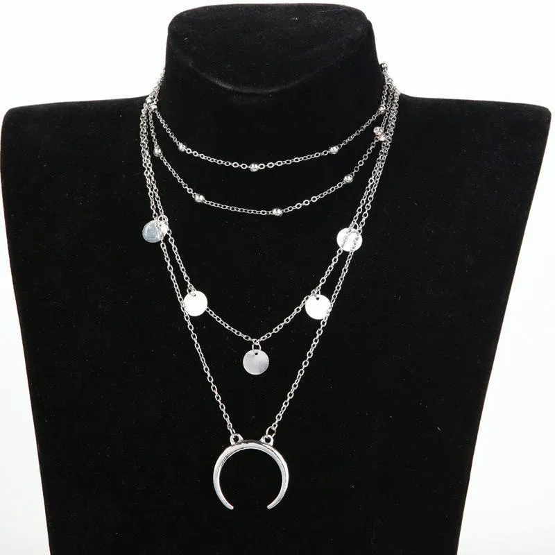 Moon Crescent Horn Layered Necklace - 4 Layers, Adjustable Zinc Alloy Chain