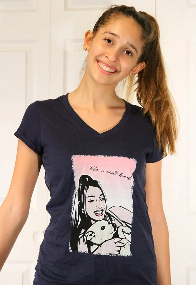 Ms. Ariana & pup: short sleeve v-neck Tee "Take a chill break"