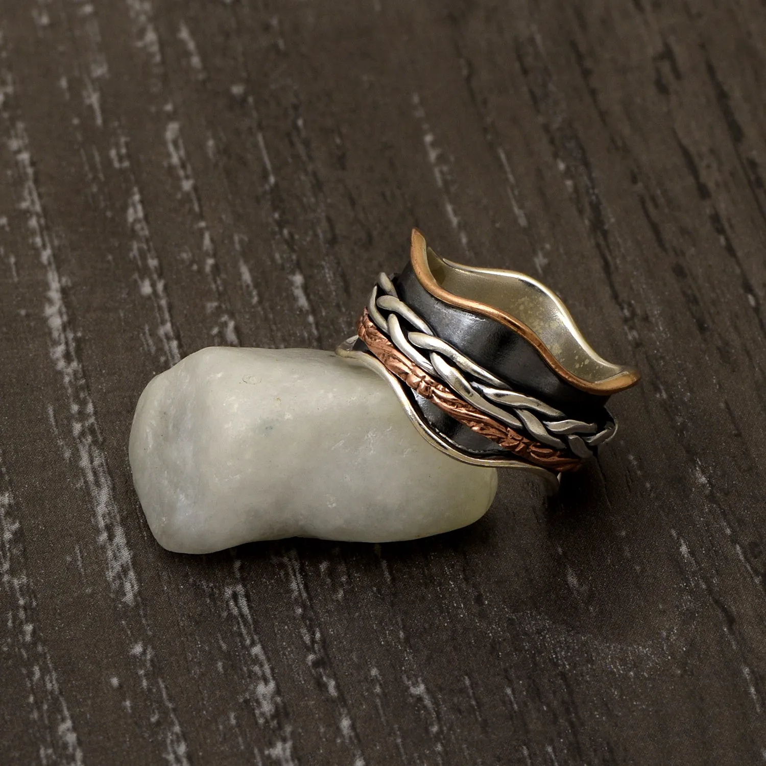 Multi Band Black Engraved Spinner Ring
