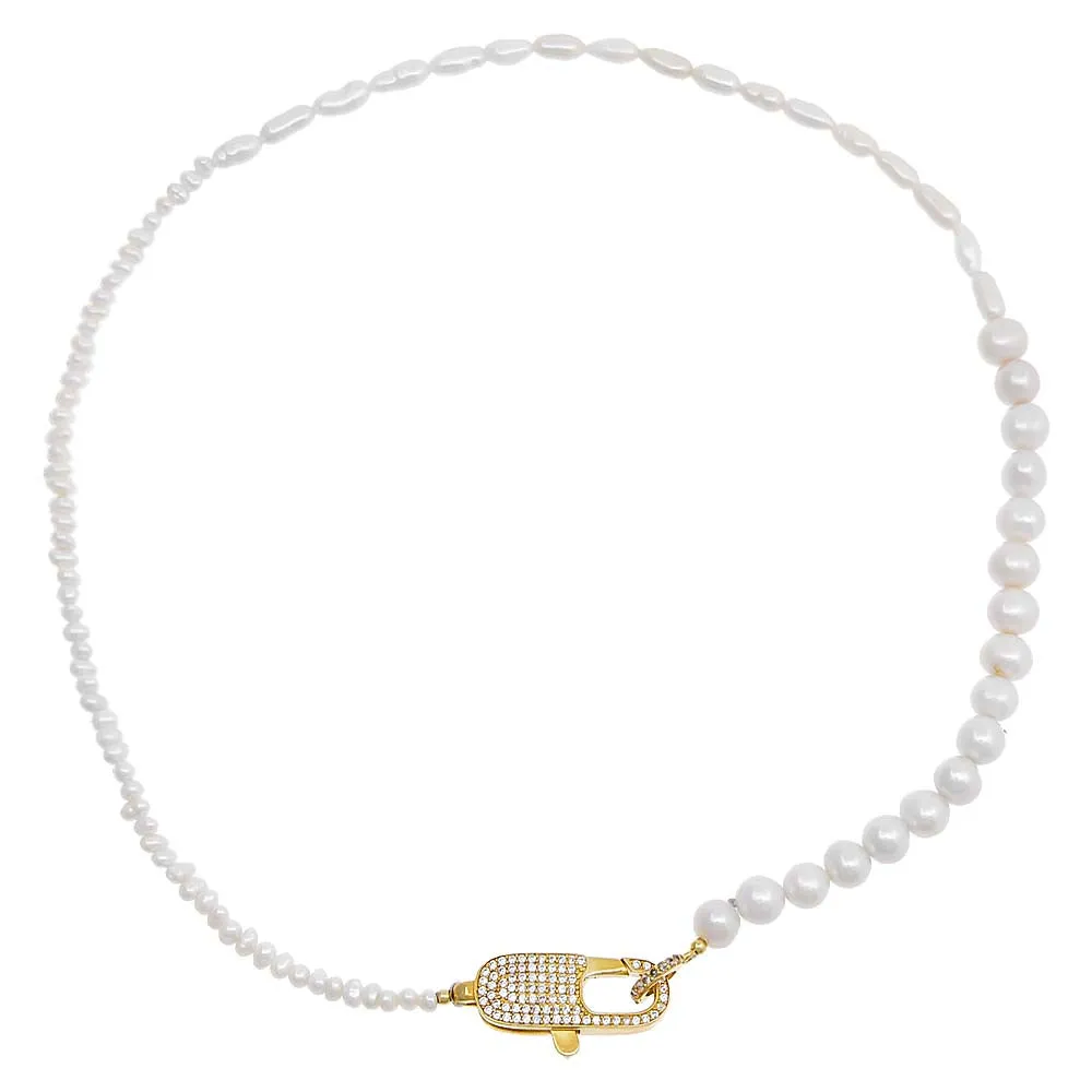 Multi Pearl Pave Clasp Necklace