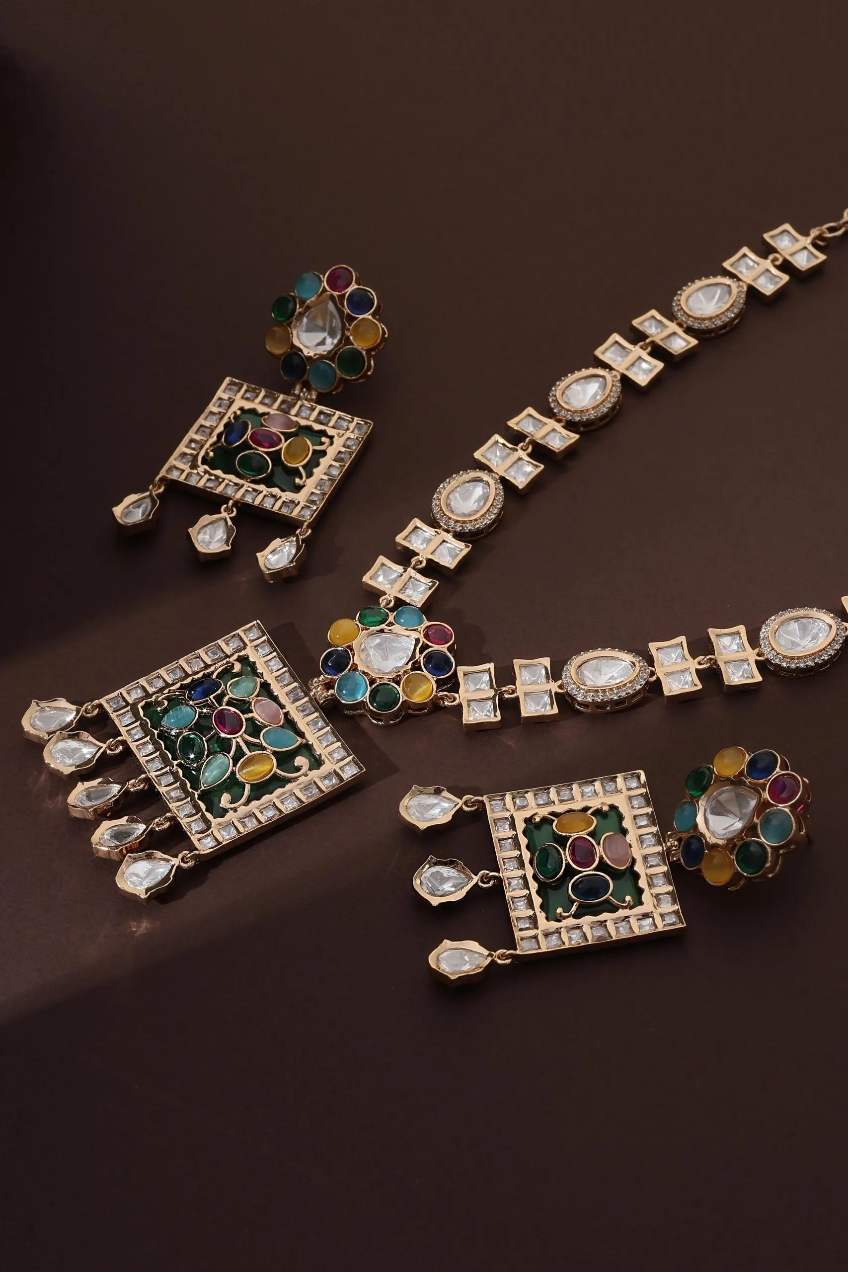 Multicolour Polki Pendant Necklace Set
