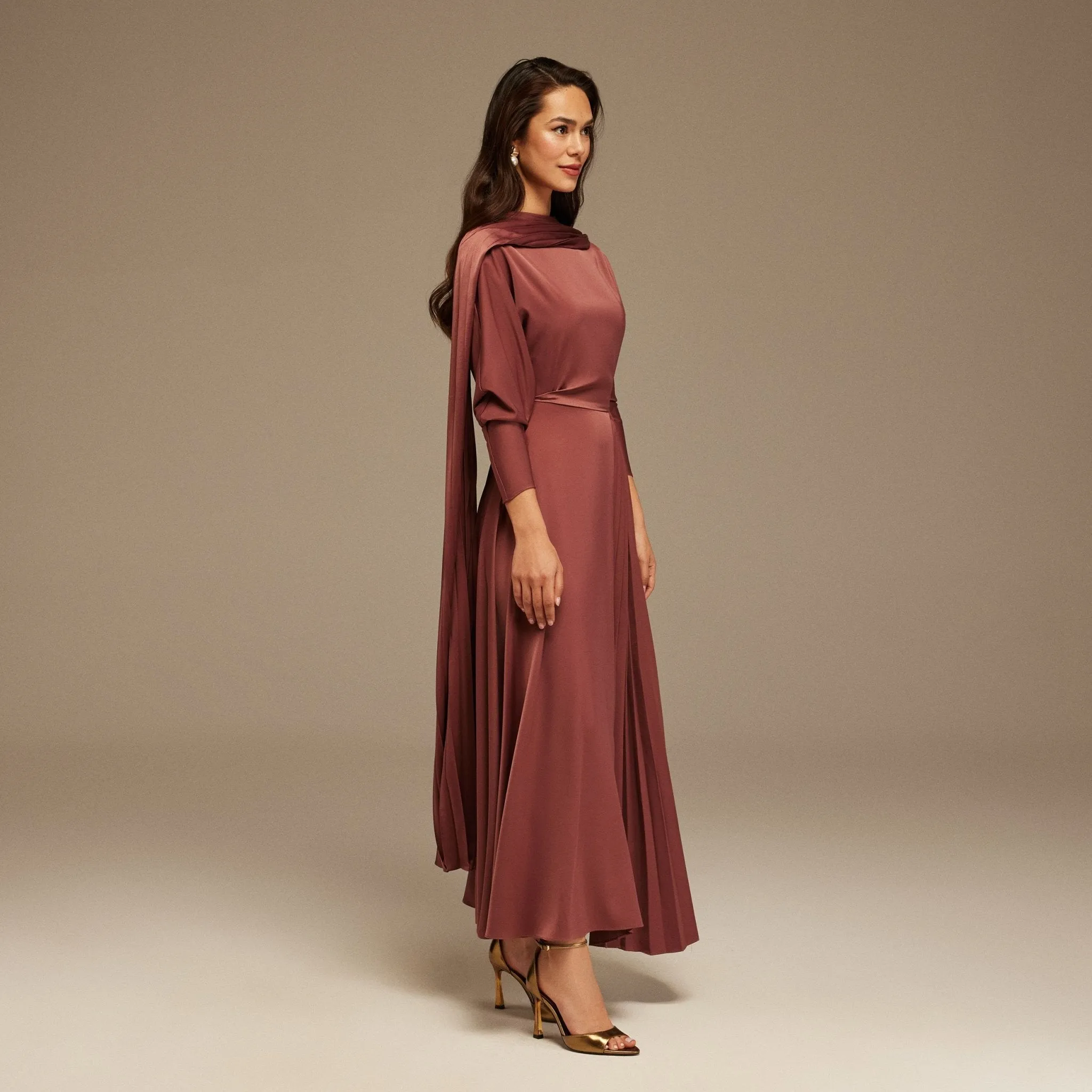 Muted Clay Long Sleeve Midi Dress With Scarf