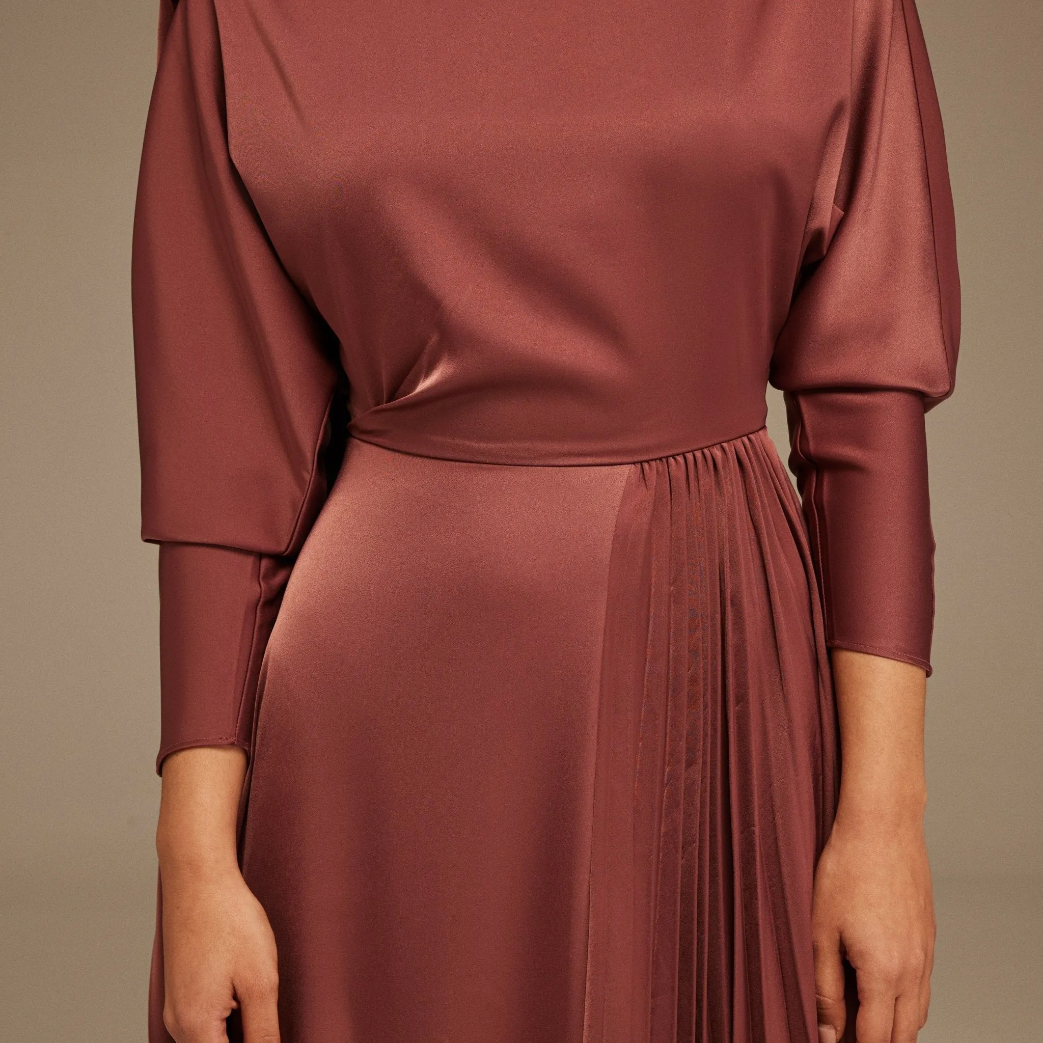 Muted Clay Long Sleeve Midi Dress With Scarf