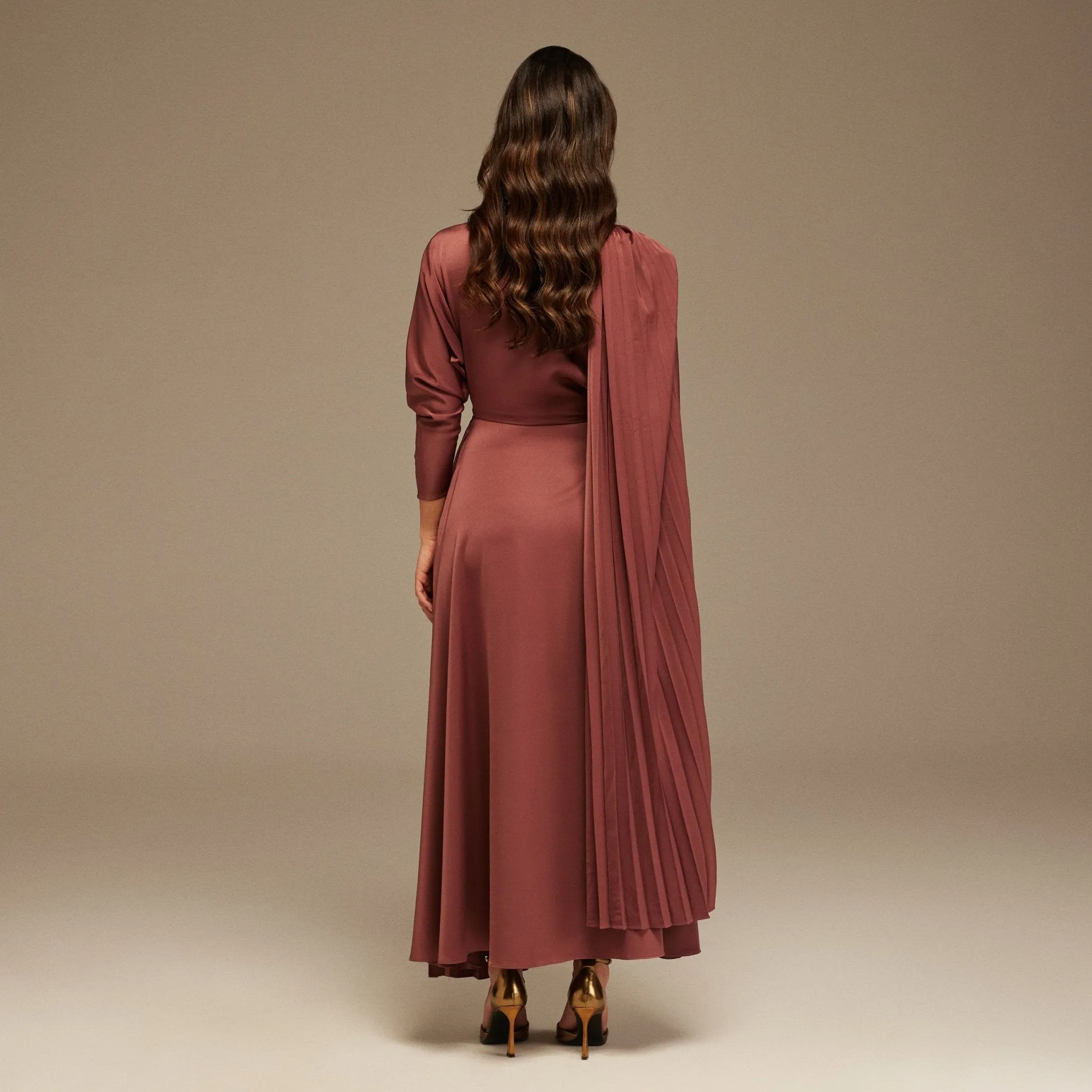 Muted Clay Long Sleeve Midi Dress With Scarf