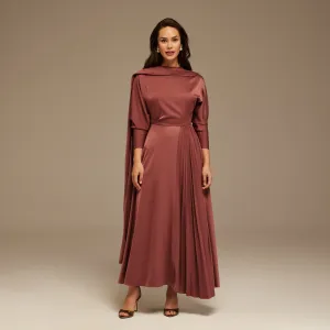 Muted Clay Long Sleeve Midi Dress With Scarf