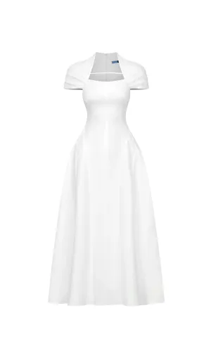 MYRNA SQUARE NECKLINE A-LINE MIDI DRESS IN WHITE