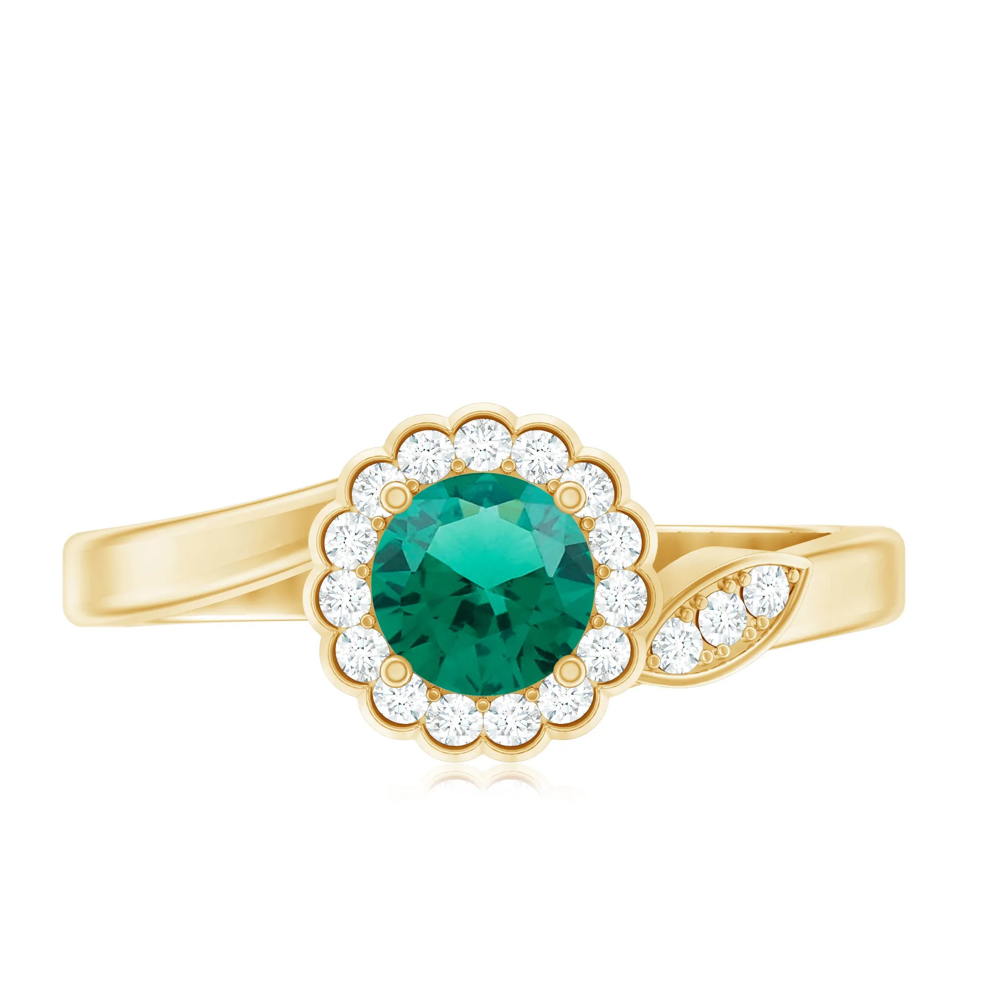 Nature Inspired Lab Grown Emerald Promise Ring with Diamond Halo